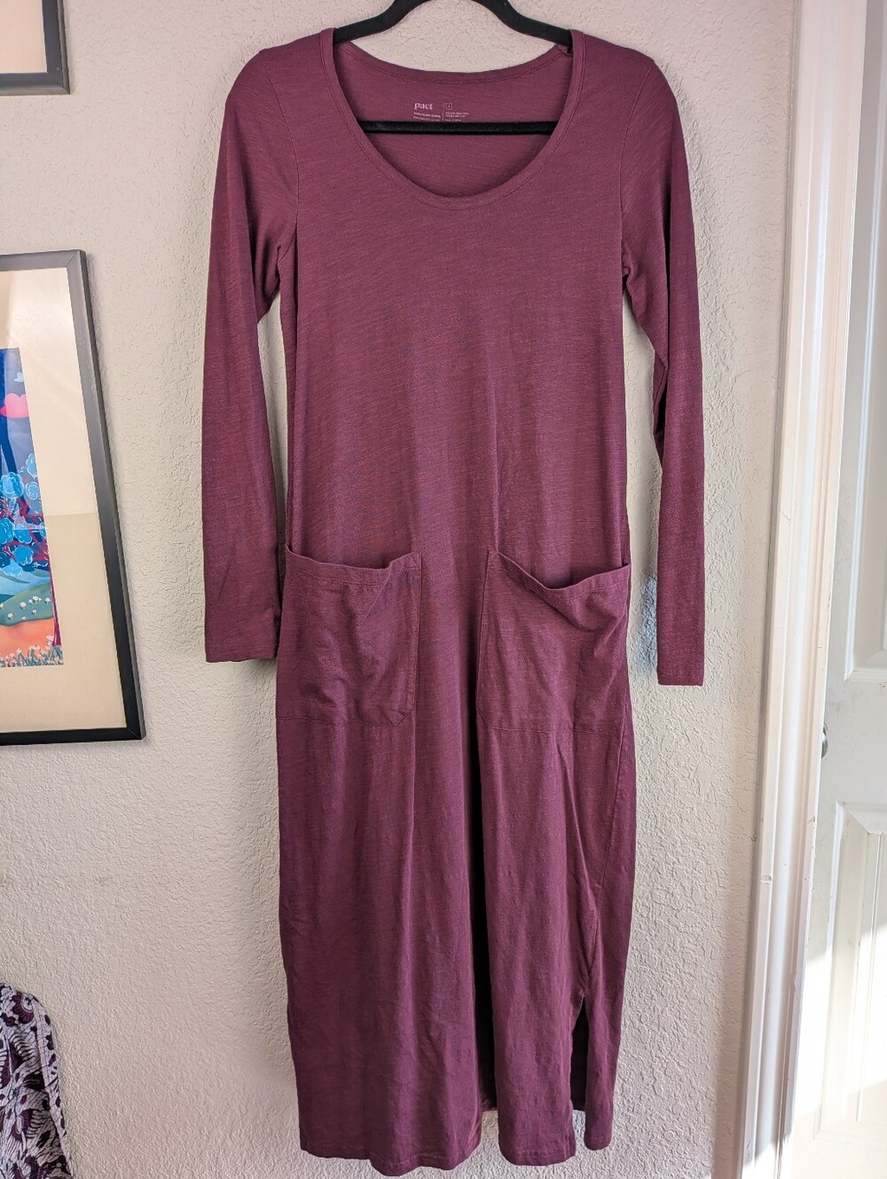 PACT 100% Organic Cotton Midi Dress S Plum Long Sleeve Patch Pockets Knit